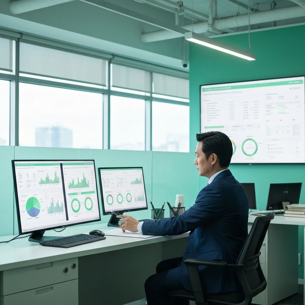 Director financiero revisando reportes de control presupuestario en una cadena de restaurantes moderna