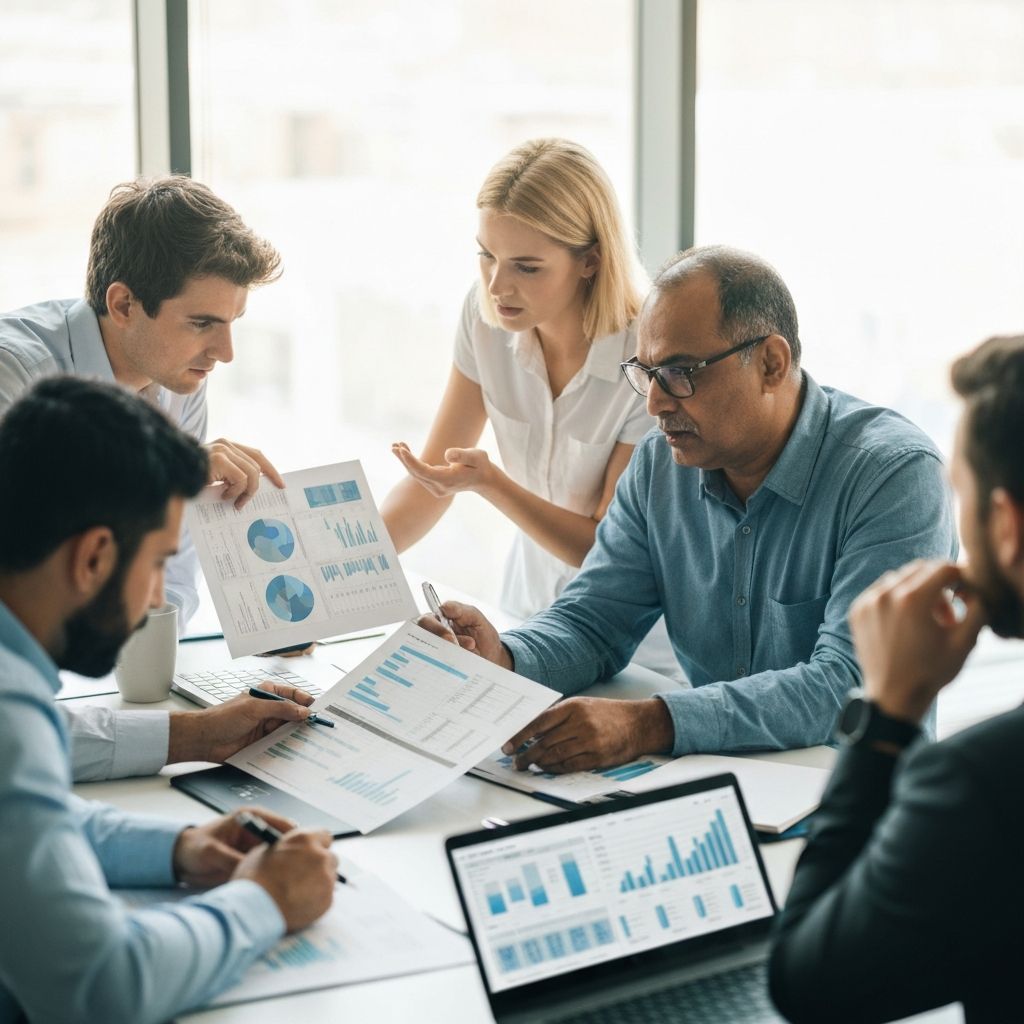 Equipo de consultores especializados en finanzas de cadenas de restaurantes trabajando con gráficos de análisis