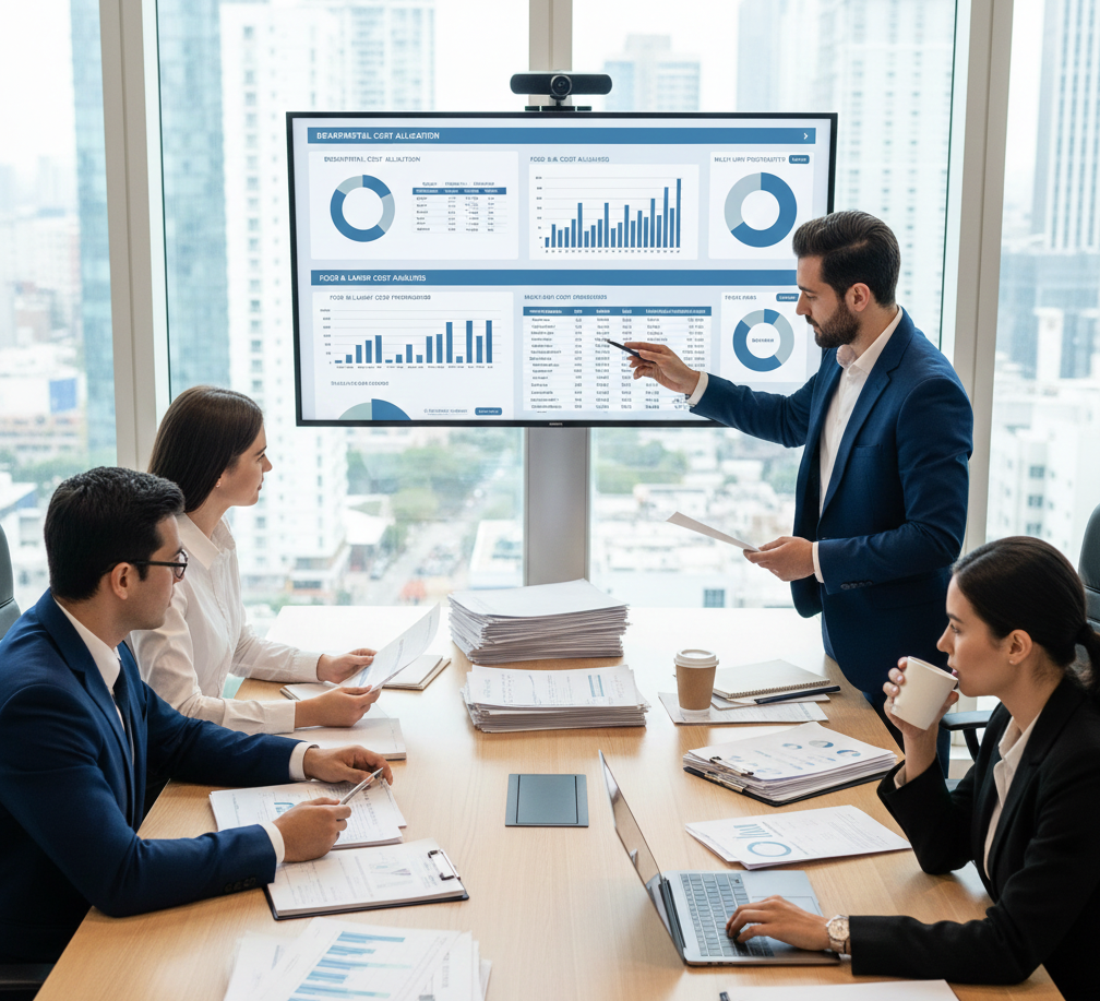 Auditores financieros analizando estados de costos por departamento en una cadena de restaurantes con múltiples reportes