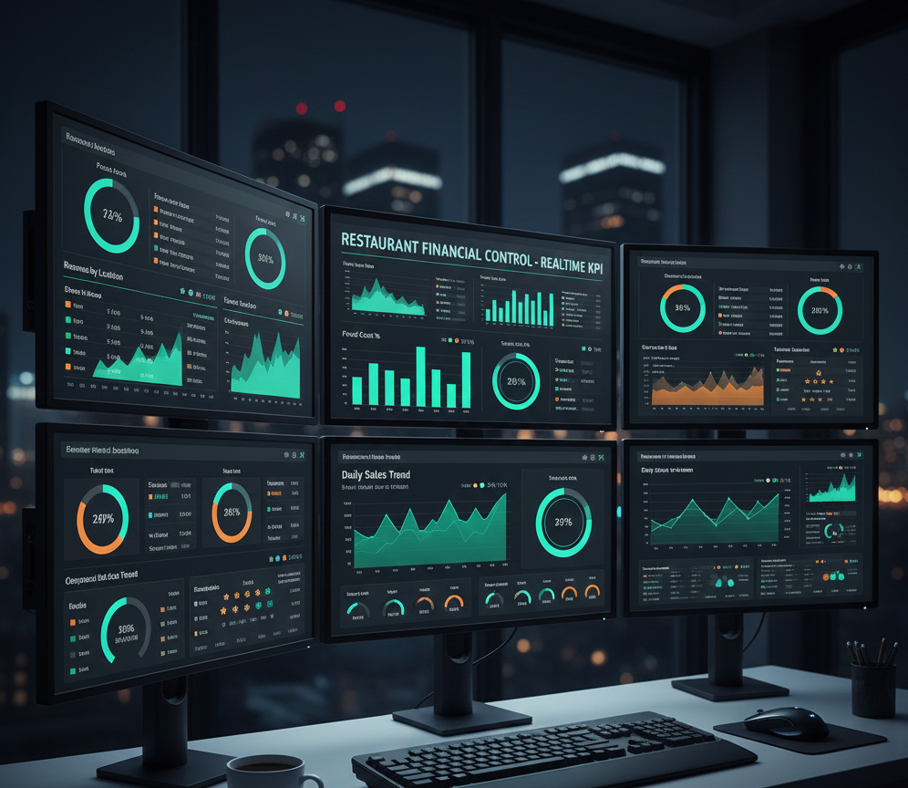 Dashboard de control financiero en tiempo real mostrando KPIs de restaurantes en monitores de computadora